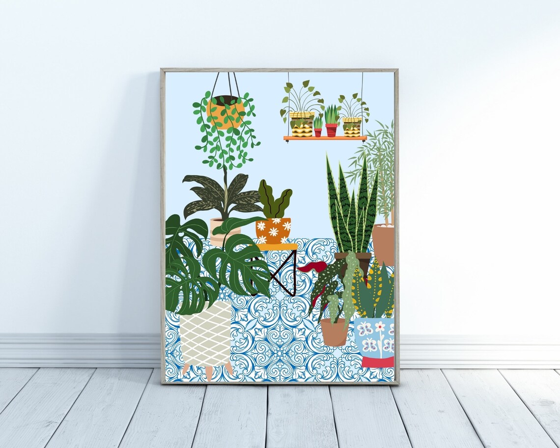 House Plant Art Print, Greek Tile Boho Botanical - Image 3
