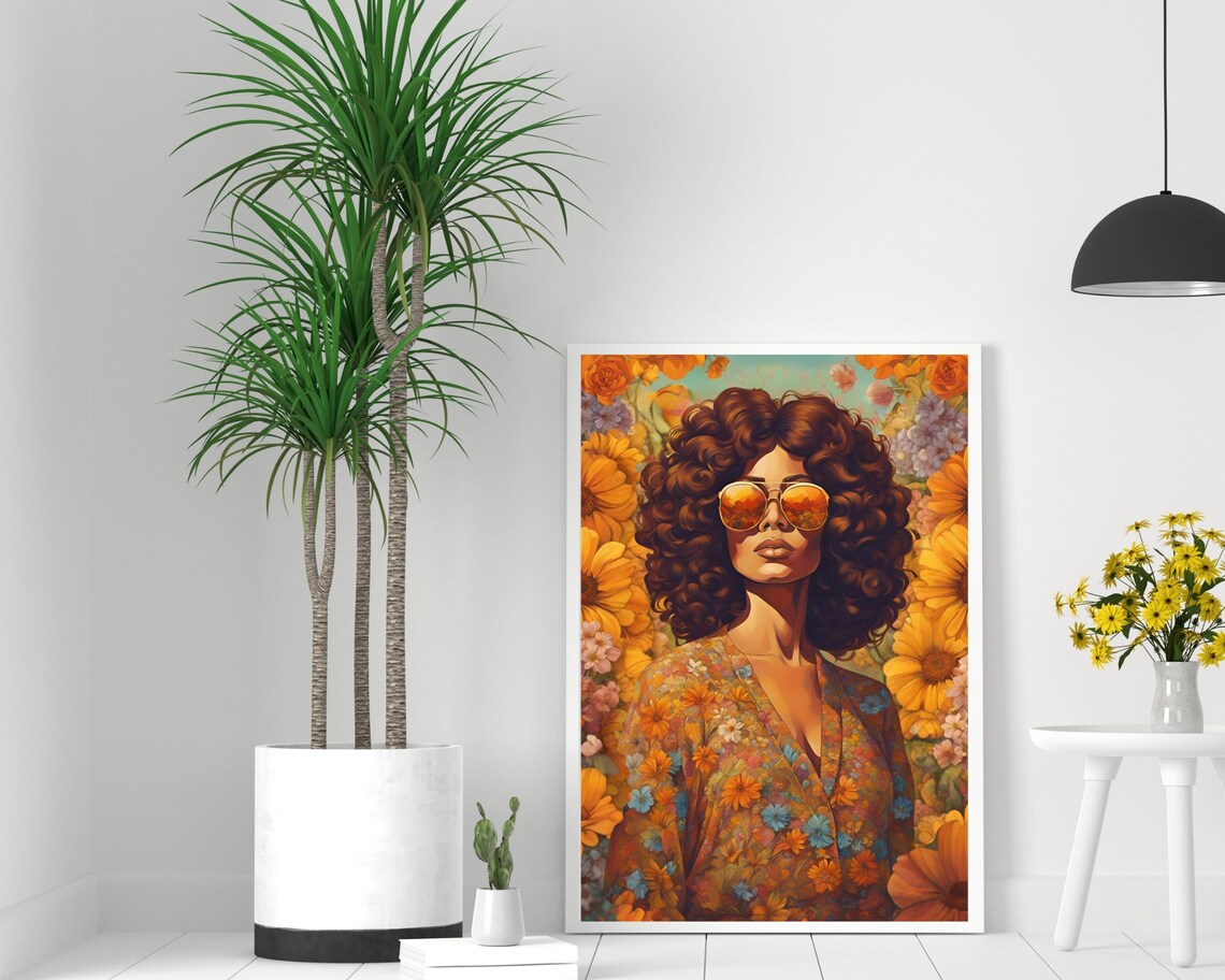 Retro Woman With Curly Hair And Aviators In Sunflowers Poster - Image 2