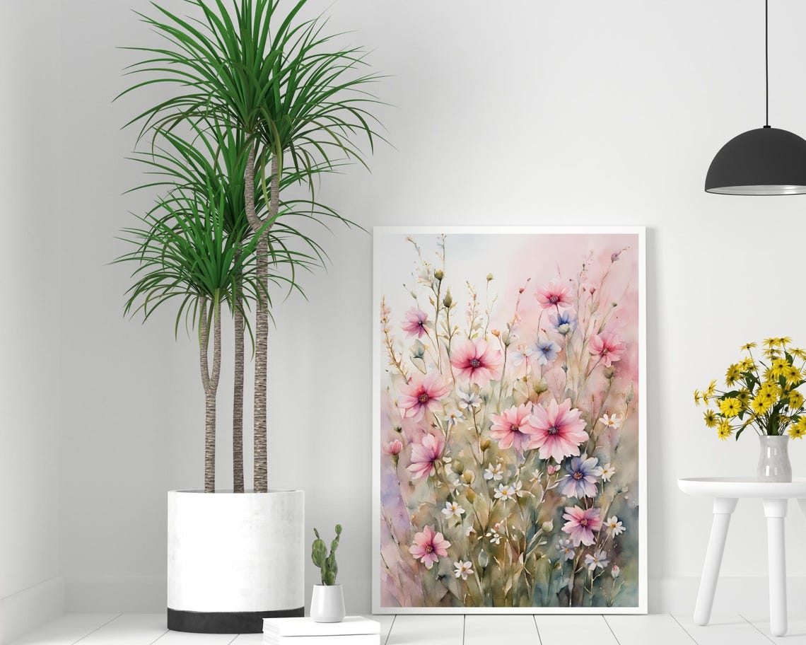 Pastel Wildflowers Art Print Pink Wildflower Painting Pink Landscape Wall Art Vintage Floral Print Meadow Flowers Art - Image 2