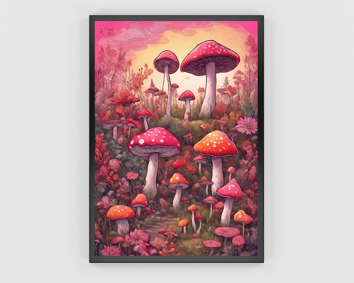 Pink Mushroom Wonderland Forest Art Whimsical Toadstool Print - Image 3