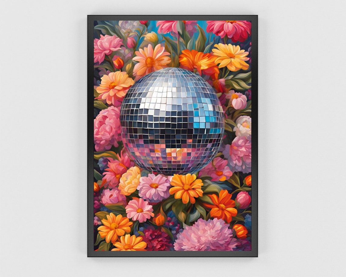 Silver Disco Ball Amid Bright Pink And Orange Flowers Poster - Image 3