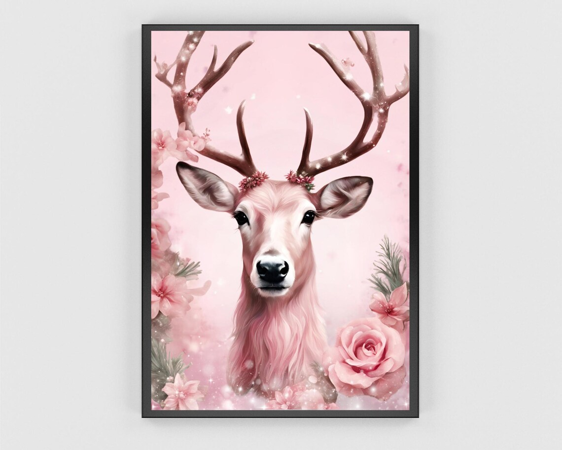 Pink Reindeer Portrait Sparkling Antlers Floral Christmas Poster - Image 3