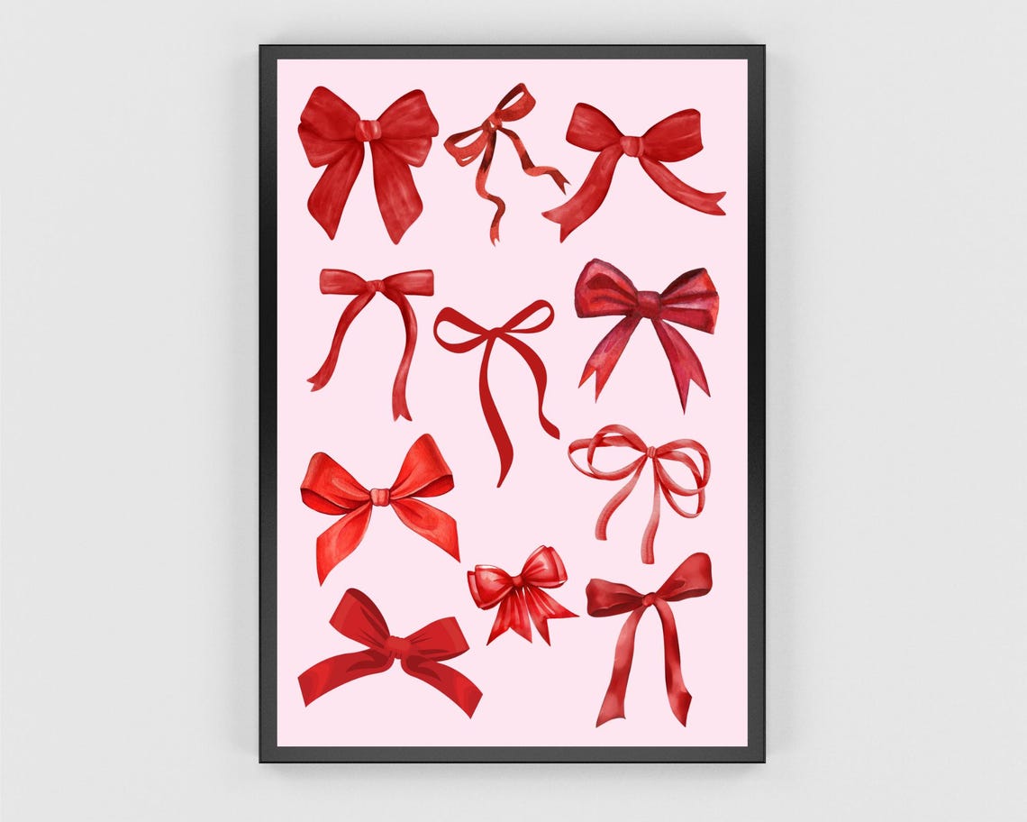 Red Ribbon Bows Pattern on Pink Background Coquette Decor Poster - Image 3