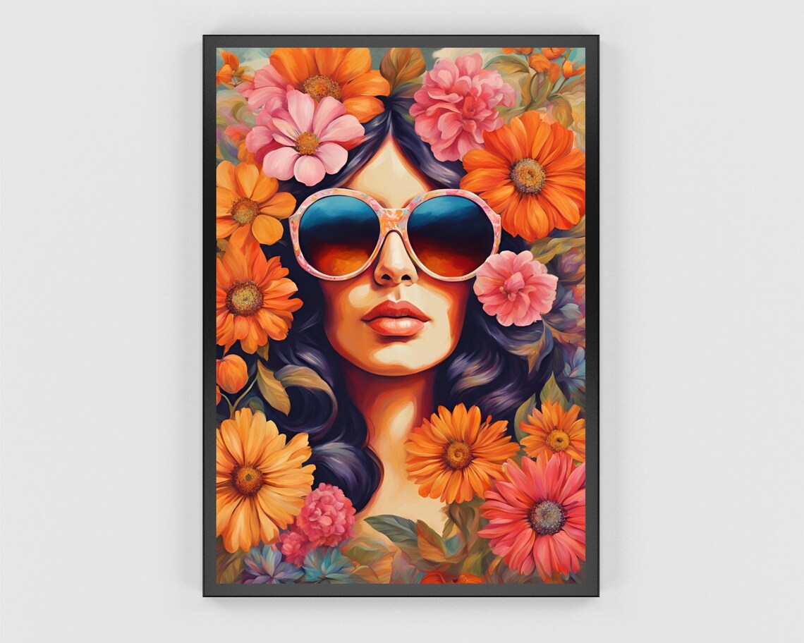 Flower Child Woman With Round Retro Sunglasses Floral Poster - Image 3