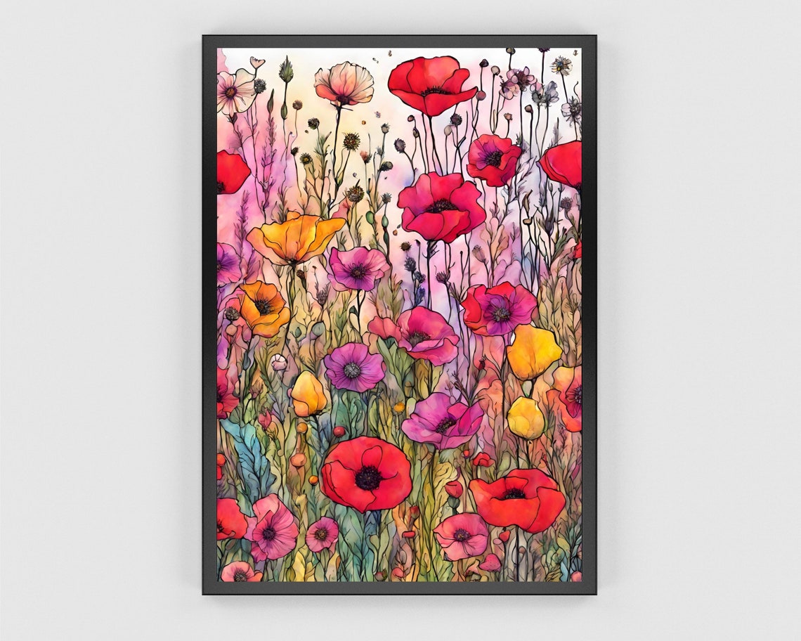 Colorful Poppy Wildflower Field Watercolor Meadow Wall Poster - Image 3