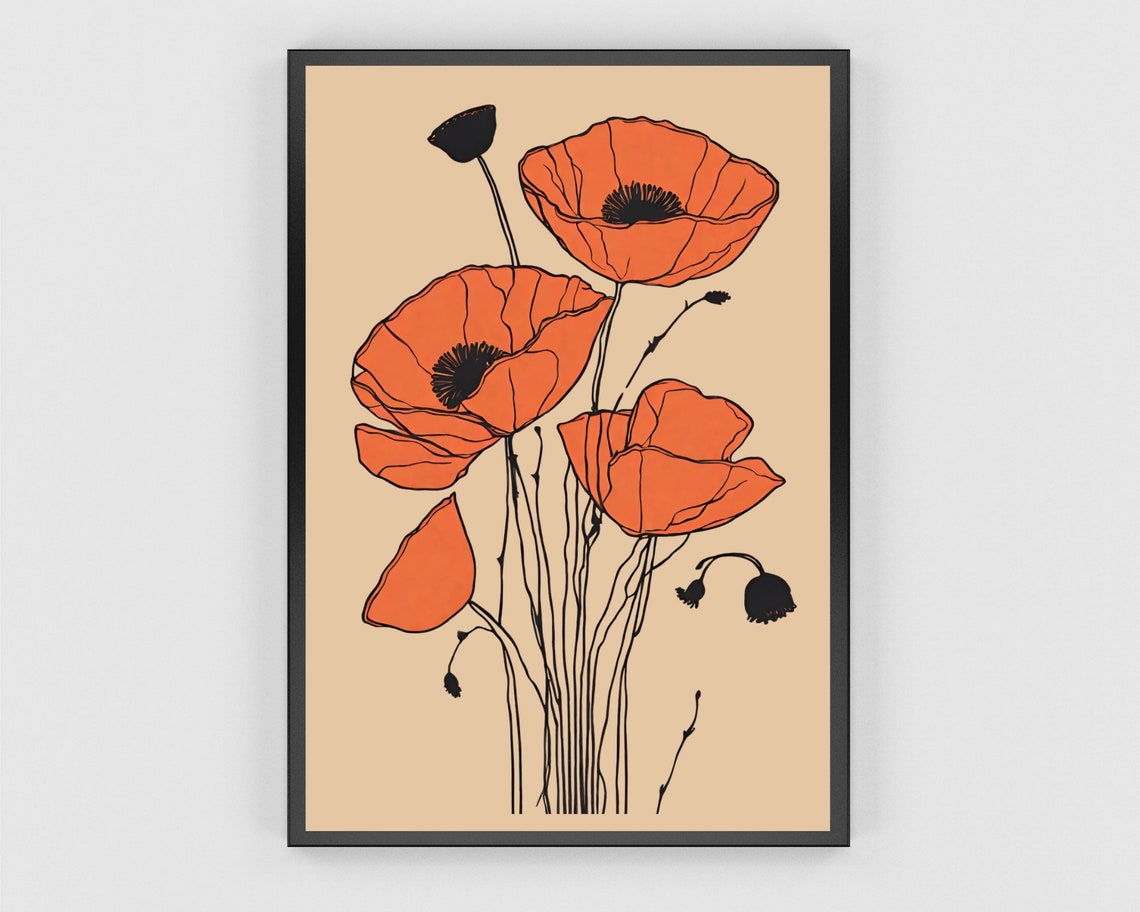 Orange Poppy Line Art Beige Minimalist Botanical Sketch Poster - Image 3