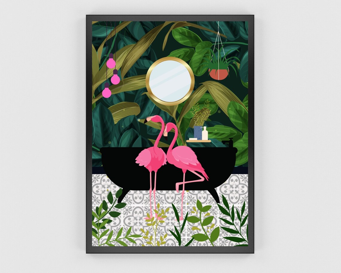 Pink Flamingos Tropical Bathroom Botanical Art Print - Image 3