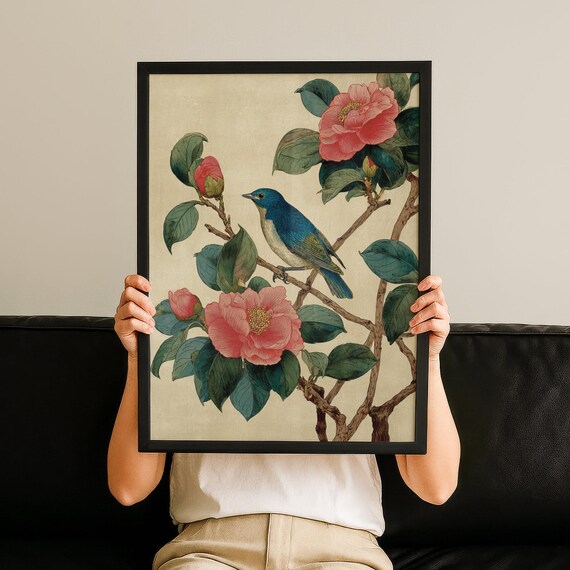 Japanese Bird Wall Art Camellia Flower Print Oriental Botanical Painting Wabi Sabi Decor Minimalist Nature No 180