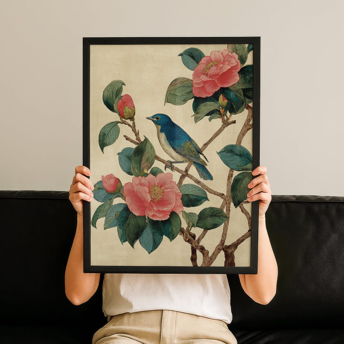 Japanese Blue Bird Camellia Flower Vintage Botanical Art Print