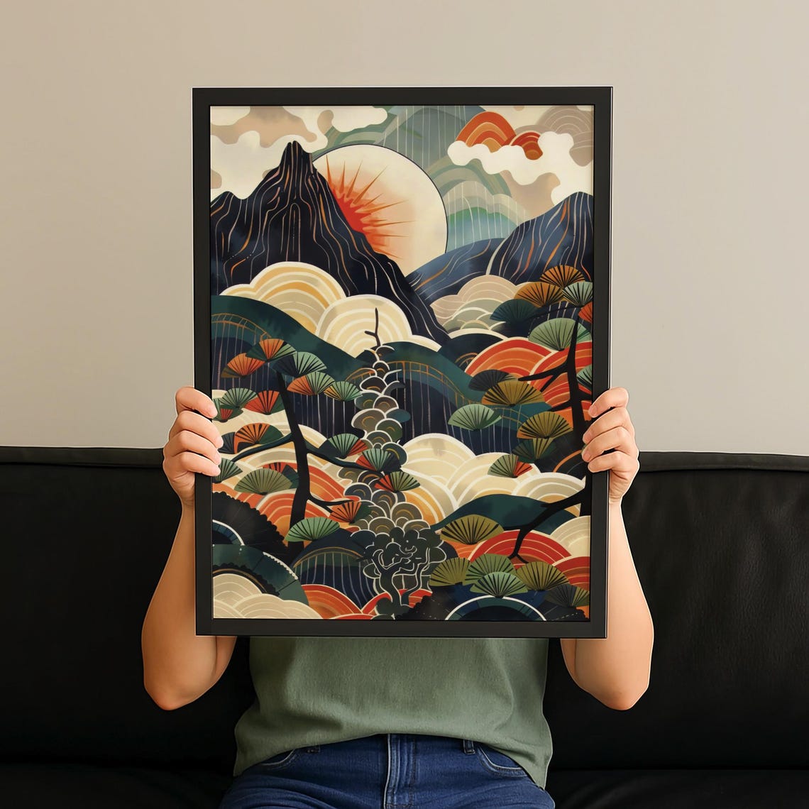 Abstract Japanese Pine Mountain Red Sun Stylized Waves Art Print