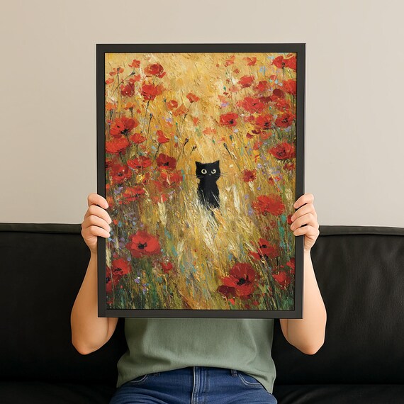 Whimsical Black Cat Red Poppy Field Impressionist Meadow Art Print