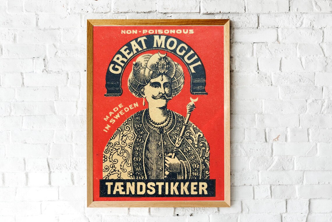 Great Mogul Vintage Indian Matchbox Label Red Advertising Wall Art
