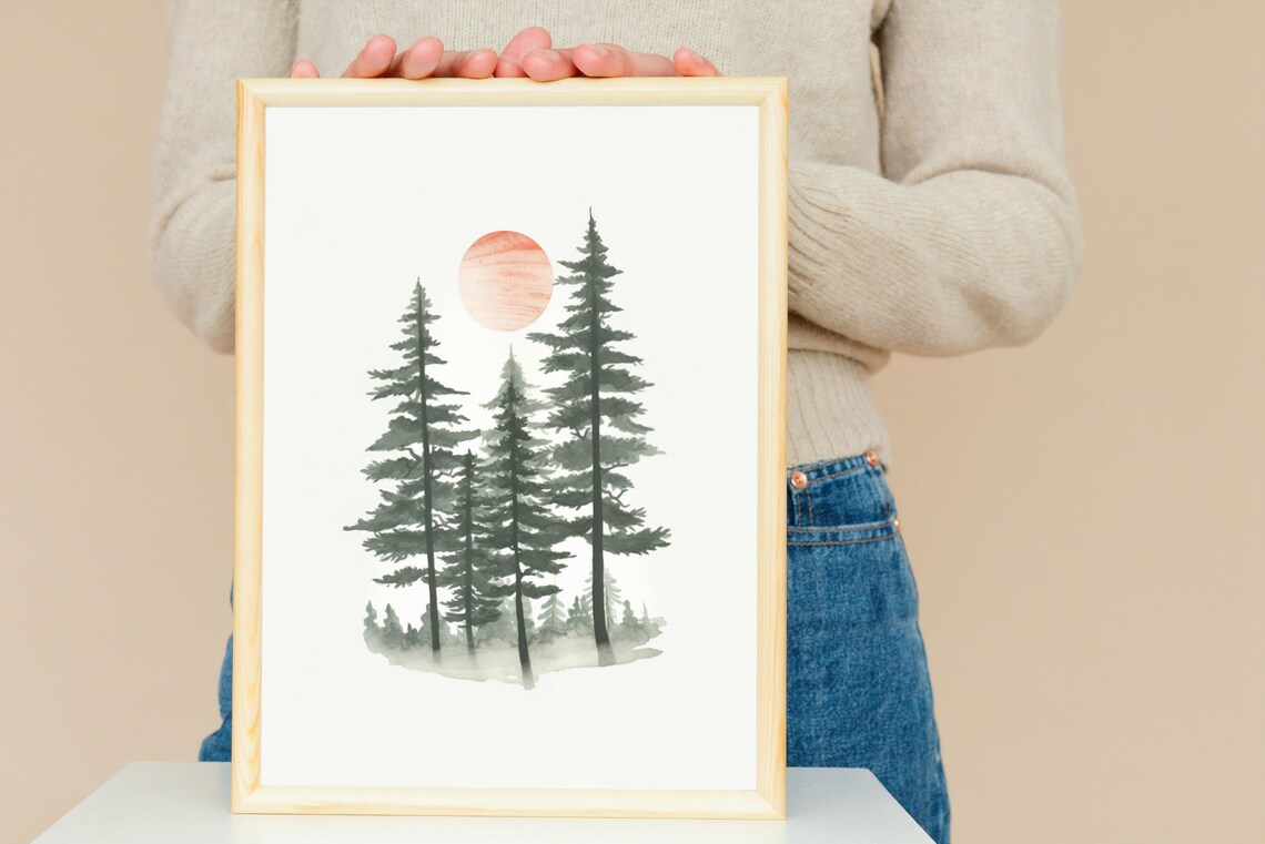 Minimalist Watercolor Pine Forest Red Sun Scandinavian Art Poster - Image 3