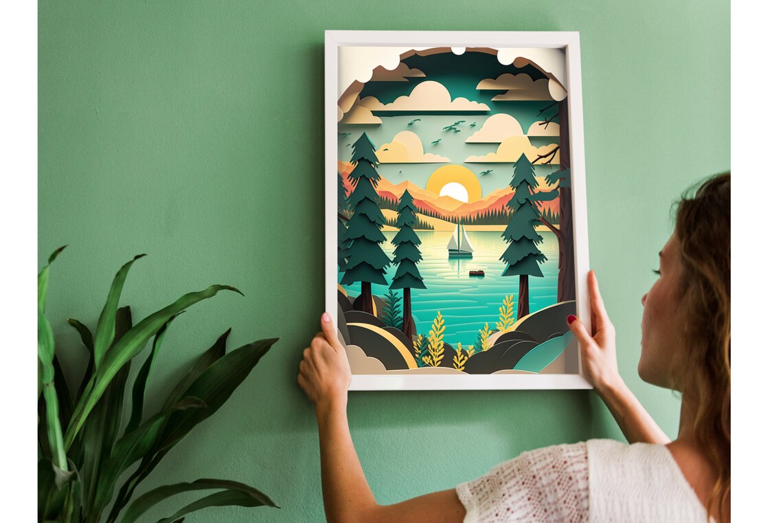 Sailboat Lake Sunset Pine Trees Paper Cut Style Summer Poster - Image 2