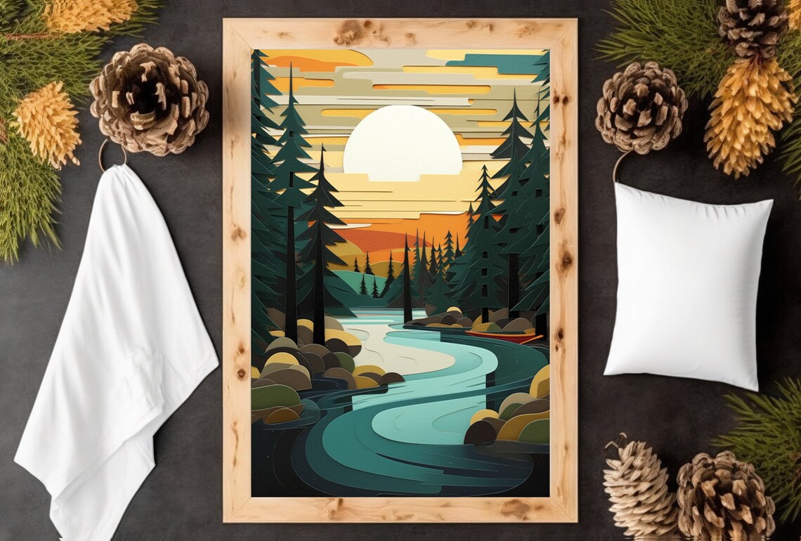 Vintage Pine Tree Sunset Art Print, Lake Superior - Image 2