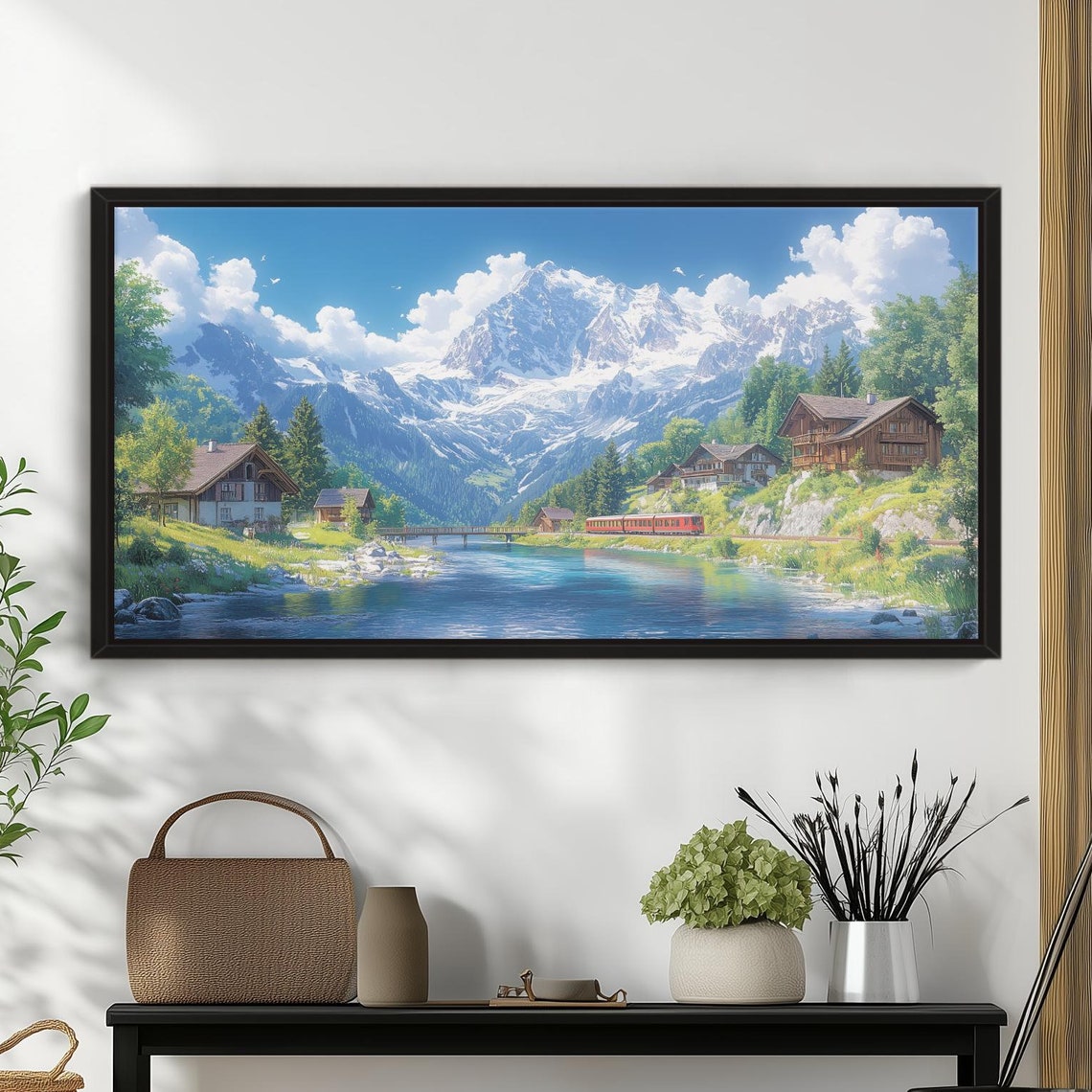 Swiss Alps Panoramic Alpine Village Mountain Lake Train Poster