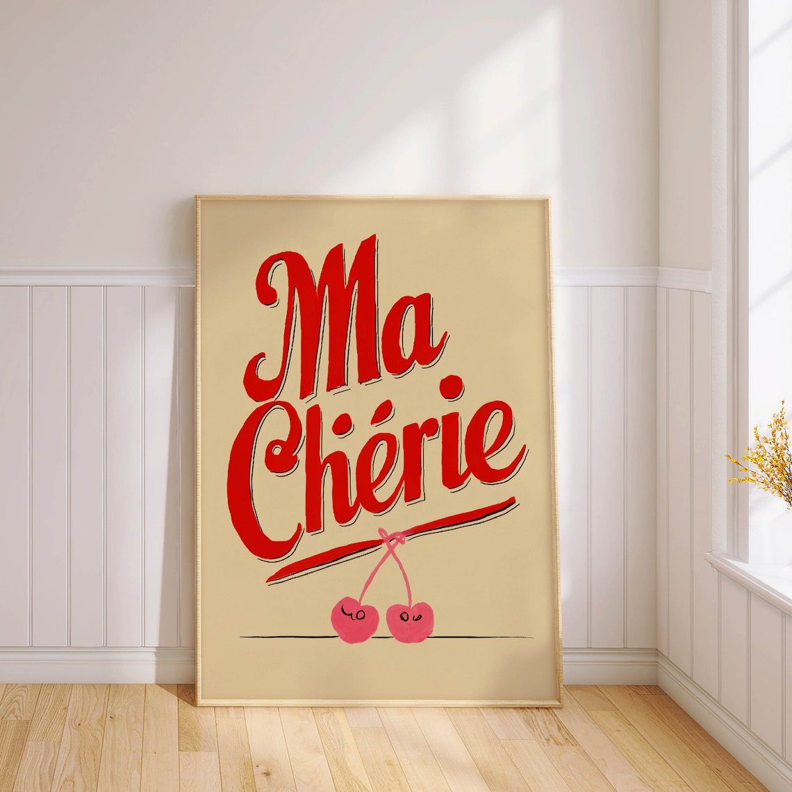 Ma Cherie Retro Script Typography Cherry French Romance Poster - Image 2