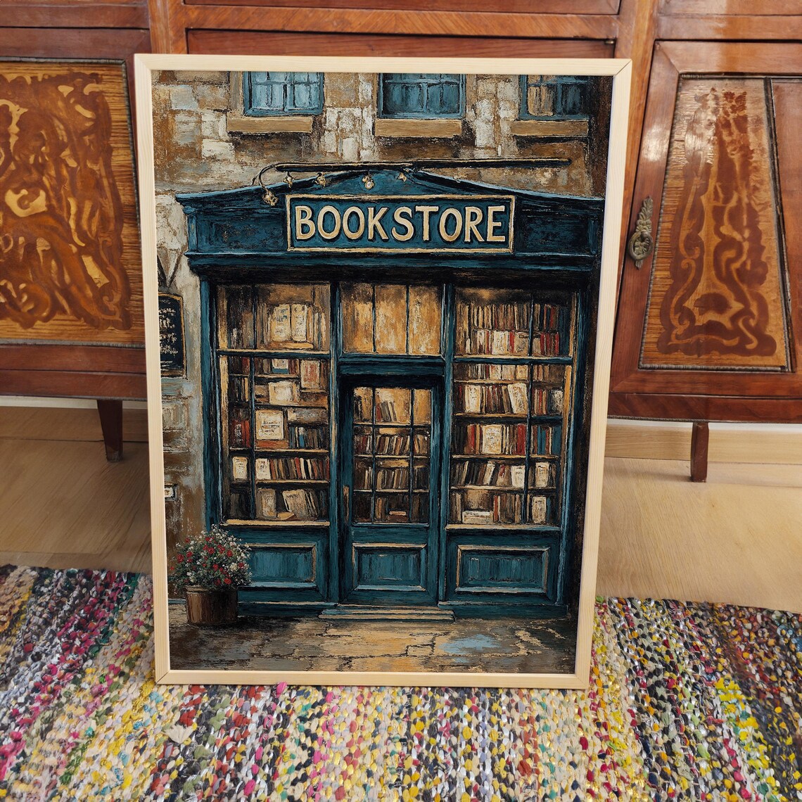 Vintage Blue Bookstore Shop Front Oil Painting Illustration Art Poster - Image 3