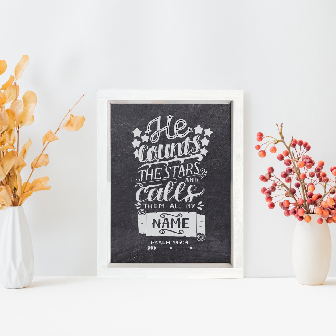 He Counts The Stars Psalm 147 Bible Verse Chalkboard Quote Poster - Image 2