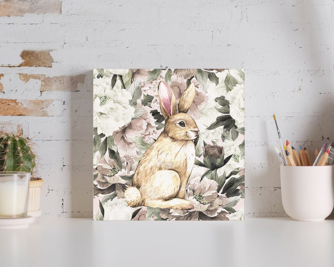 Watercolor Bunny Rabbit with Peonies Botanical Easter Poster