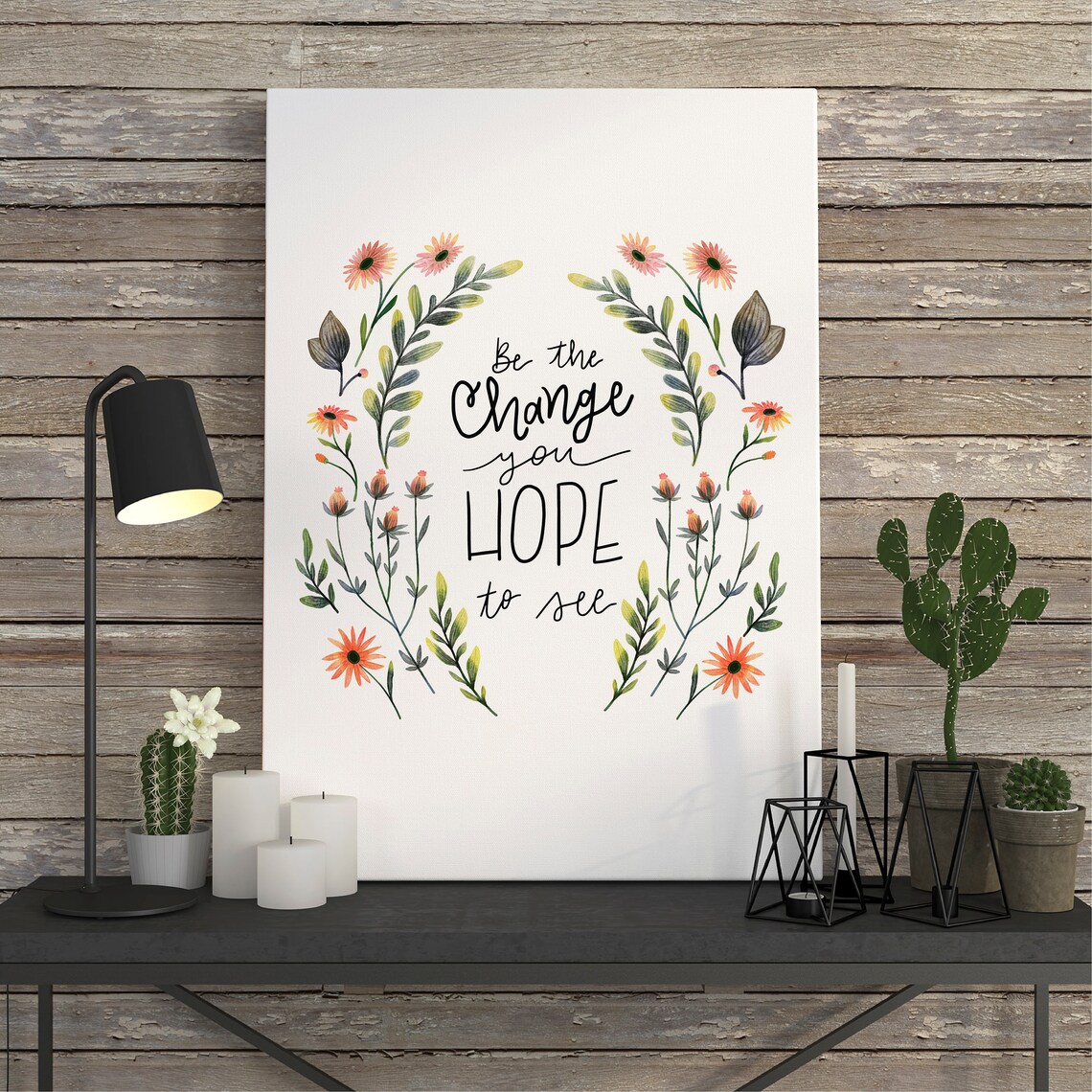 Be the Change You Hope to See Floral Wreath Inspirational Quote Poster - Image 3