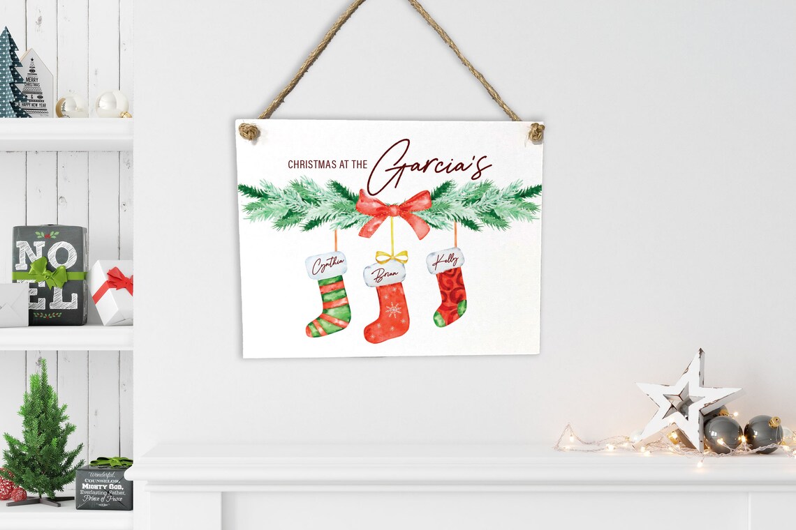 Personalized Christmas Stockings Watercolor Family Name Sign Poster - Image 2