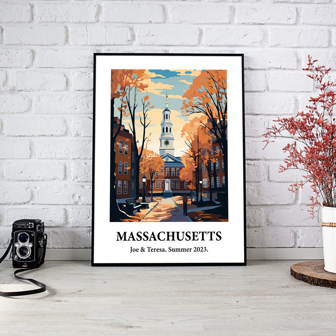 Massachusetts Clock Tower Campus Autumn Vintage Style Travel Poster