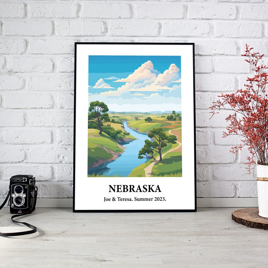 Nebraska Prairie River Green Hills Vintage Style Travel Art Poster