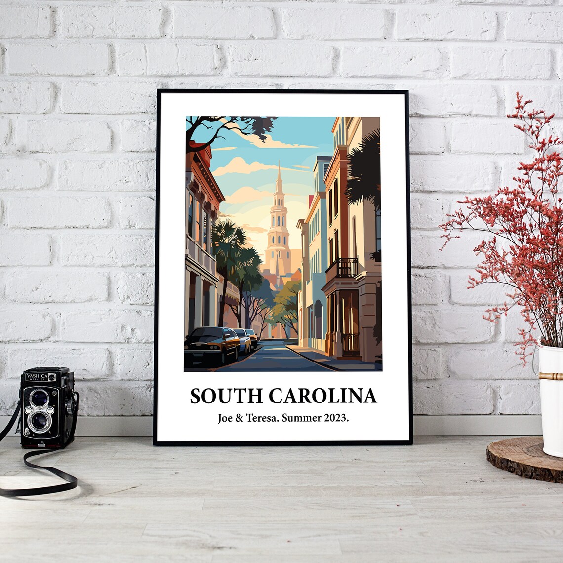 South Carolina Historic Street Steeple Vintage Style Travel Art Poster