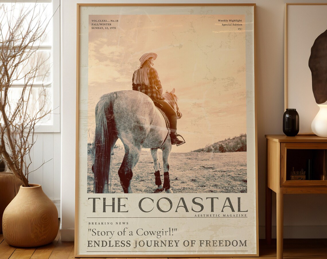 The Coastal Cowgirl On Horse Vintage Newspaper Headline Poster