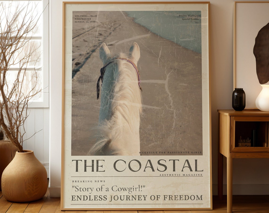 Chic Coastal Vintage 70s Newspaper Wall Art Coastal Cowgirl Poster Aesthetic Trendy Beach Coastal Cowgirl Print Horse Lovercowgirl Gift