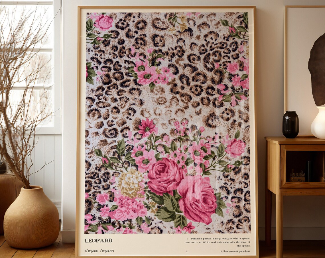 Leopard Wall Art Photography Print, Floral Pattern