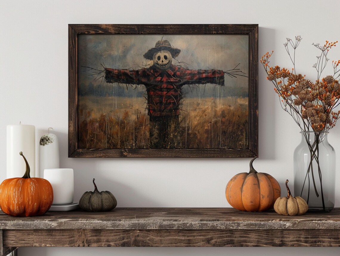 Spooky Scarecrow Jack O Lantern Face Fall Field Plaid Vintage Halloween Poster Art - Image 3