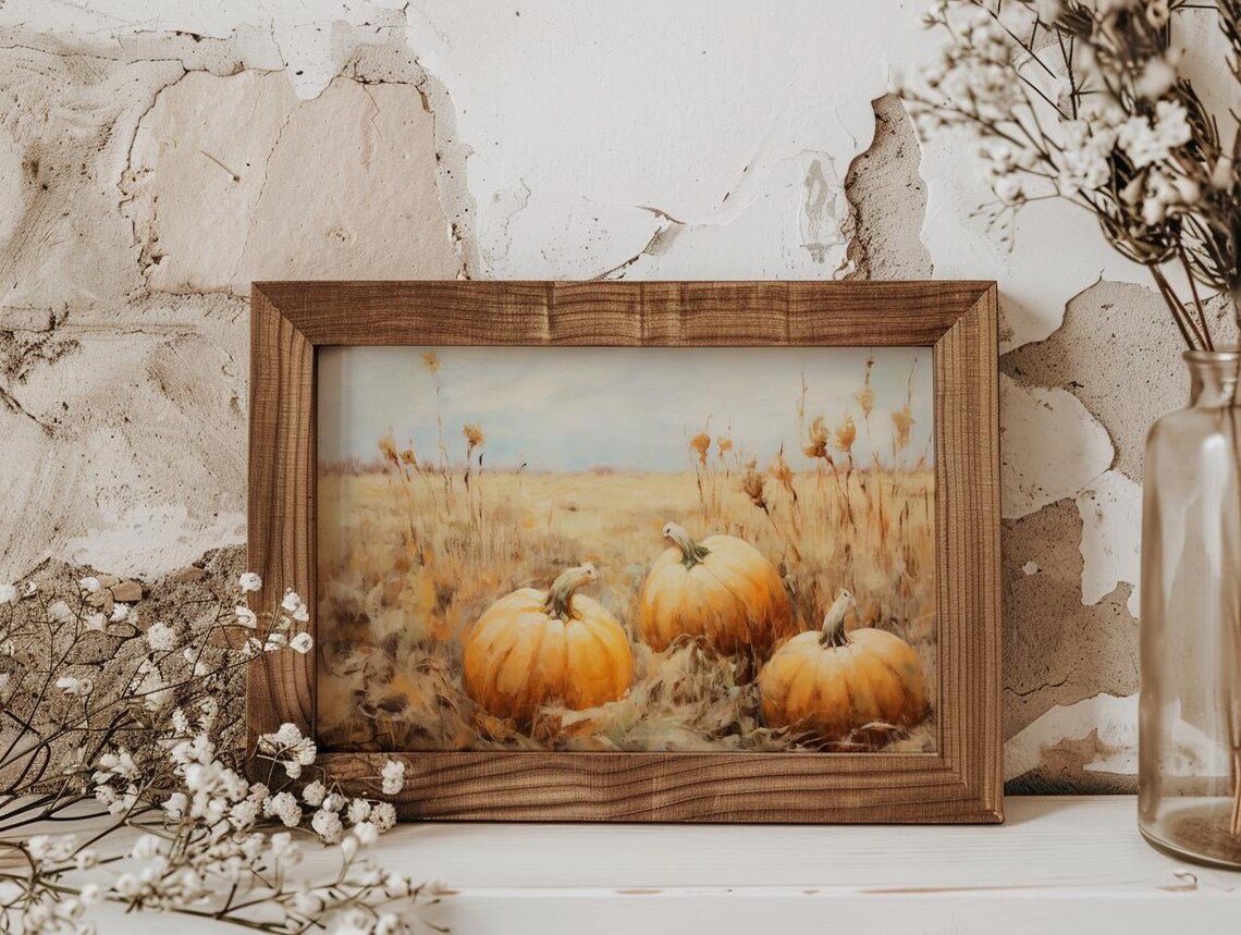 Golden Pumpkin Field Harvest Fall Landscape Vintage Oil Painting Poster - Image 4