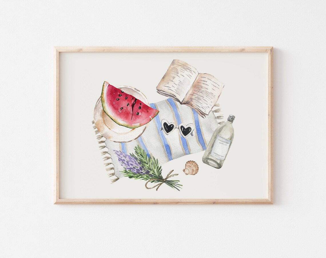 Watermelon Slice Book And Lavender Summer Beach Picnic Watercolor Poster