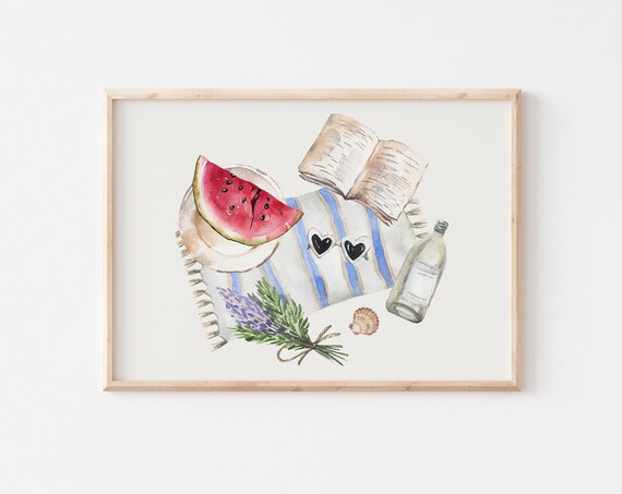 Watermelon Slice Book And Lavender Summer Beach Picnic Watercolor Poster