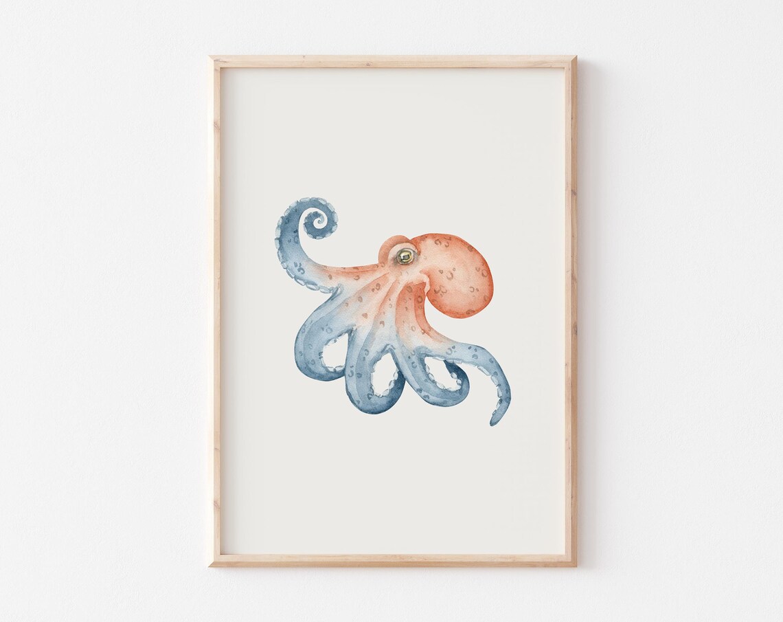 Coral and Blue Watercolor Octopus Curling Tentacles Sea Life Art Poster