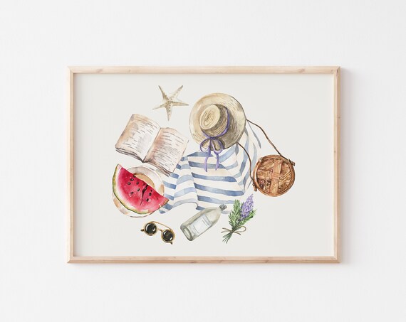 Beach Day Essentials Flat Lay Watercolor Towel Hat Book Summer Poster