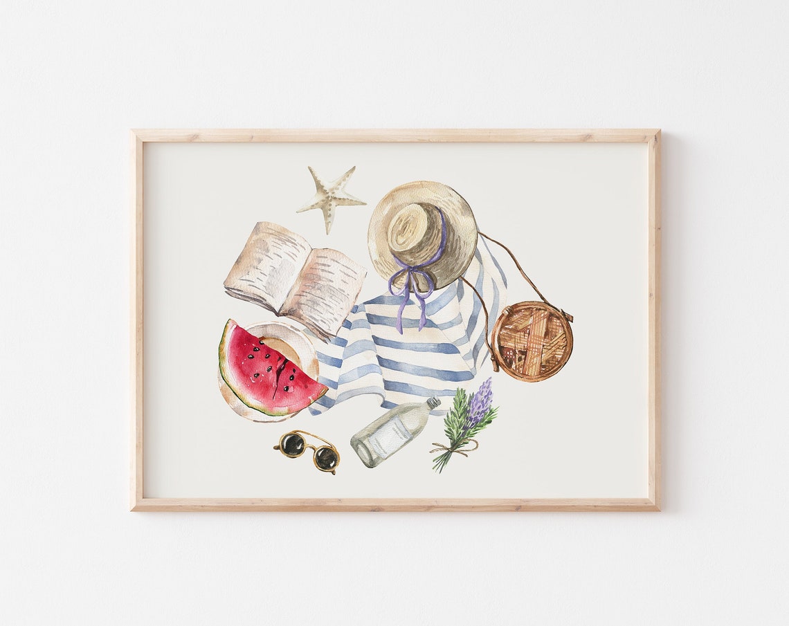 Beach Day Essentials Flat Lay Watercolor Towel Hat Book Summer Poster
