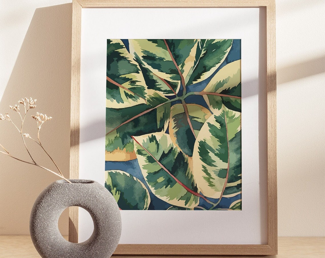Variegated Ficus Elastica Leaves Watercolor Botanical Poster - Image 3
