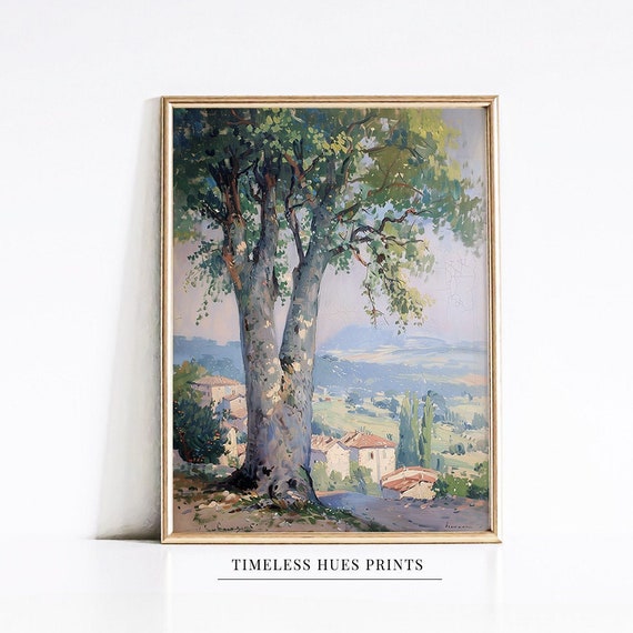 Tree And Village Landscape Painting Countryside Landscape Hillside Print Rural Vista Art Calming Landscape
