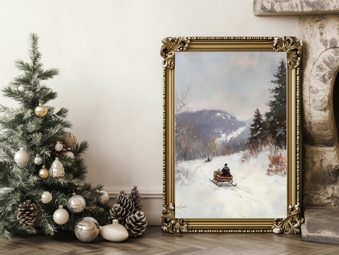 Lone Horse Sleigh Snowy Mountain Road Pines Vintage Winter Poster - Image 2