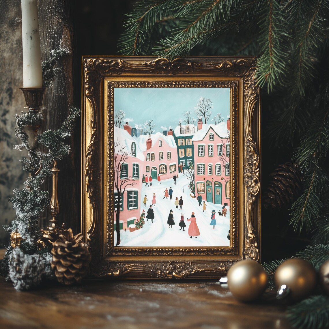 Snowy Winter Village Street Colorful Retro Farmhouse Holiday Poster - Image 4