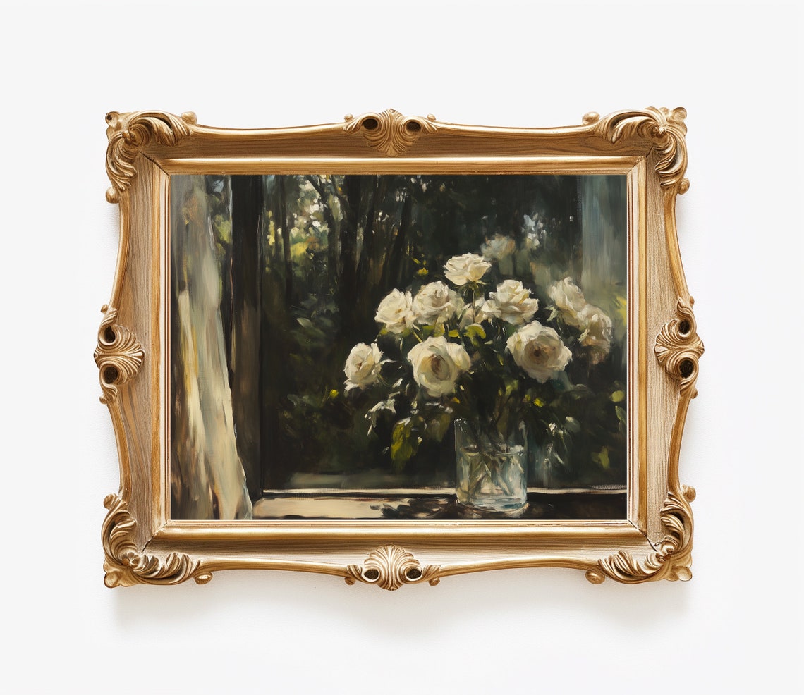 White Roses Vase Window View Dark Forest Moody Floral Art Poster - Image 4