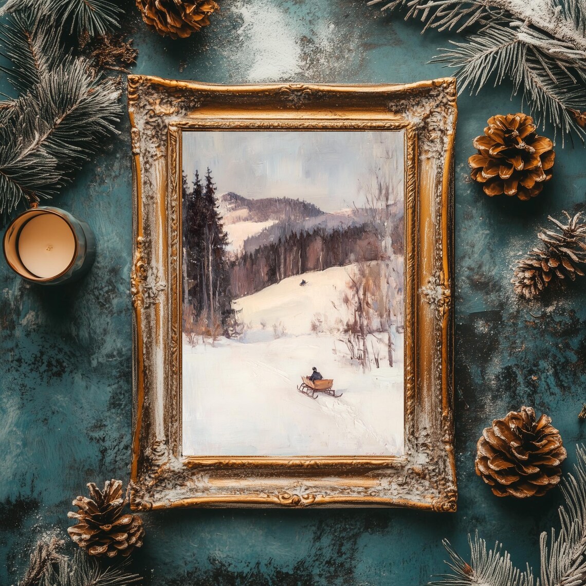 Horse Sleigh Snowy Trail Winter Hills Pines Vintage Landscape Poster - Image 3