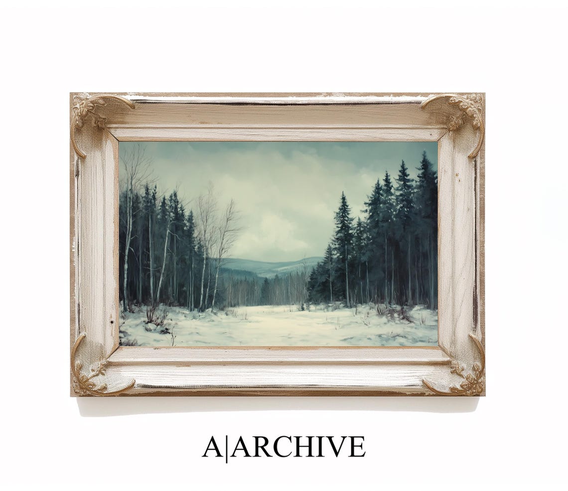 Snowy Valley Pine and Birch Forest Distant Mountains Winter Poster
