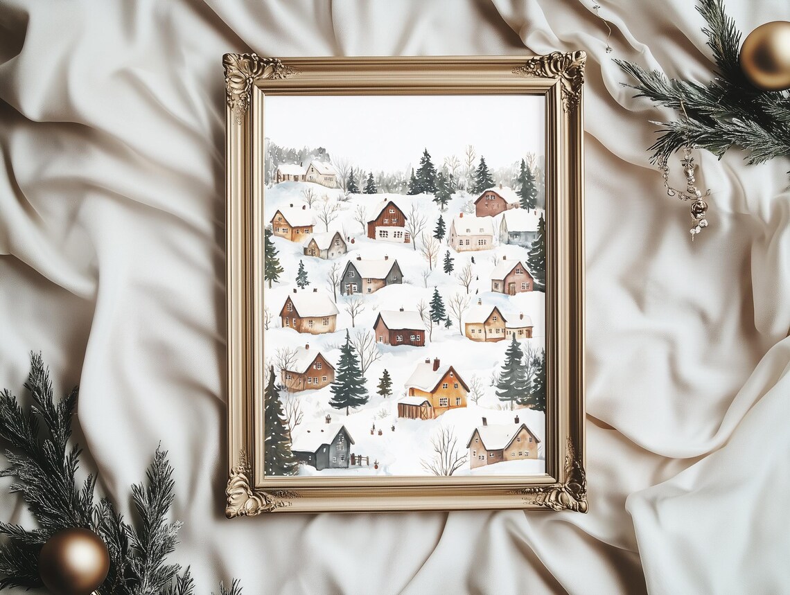 Snowfall Village Hillside Watercolor Cozy Winter Scene Poster - Image 3