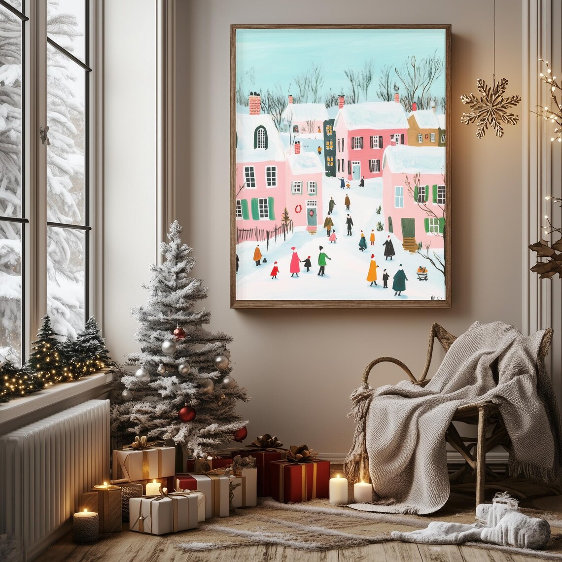 Retro Christmas Town Winter Street Scene Colorful Holiday Poster - Image 3