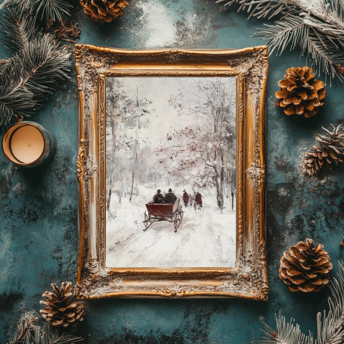 Vintage Horse Sleigh Snowy Forest Path Winter Christmas Poster - Image 3