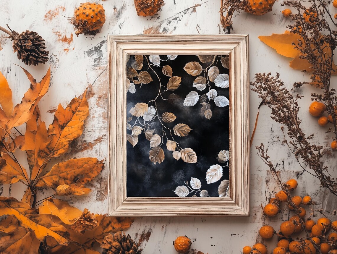 Gold Silver Autumn Leaves Dark Background Moody Botanical Art Poster - Image 3
